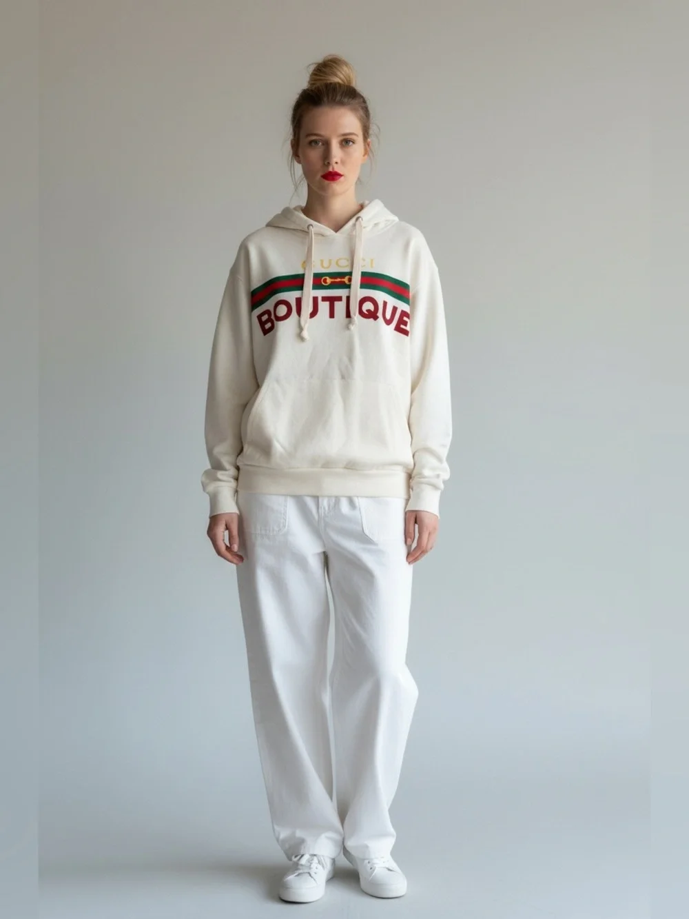 Gucci Cream Sweater with Black Trim and Red Stitching